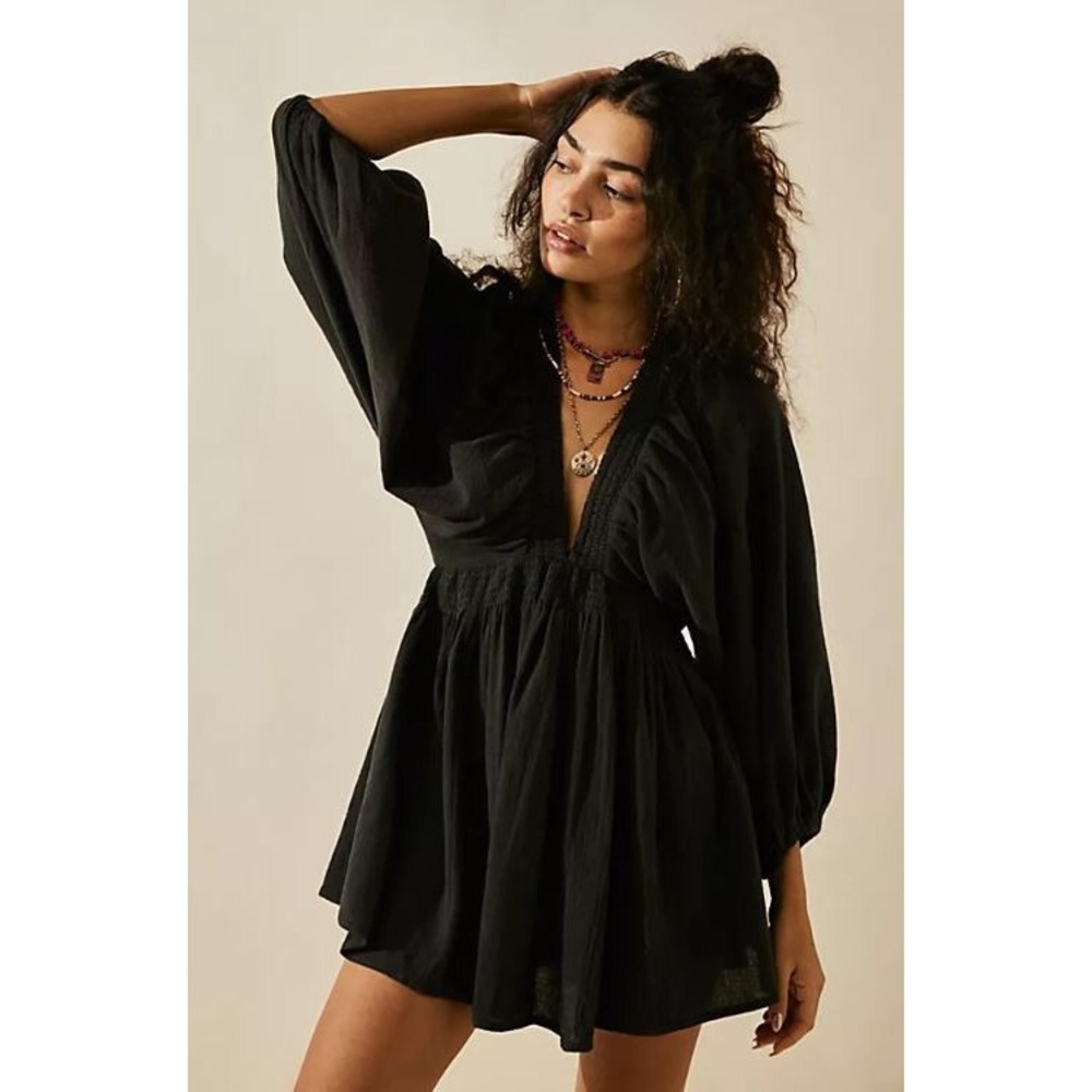 Free People Black Floral Embroidered Mini Dress XS OB1910771 Cotton Blend NEW